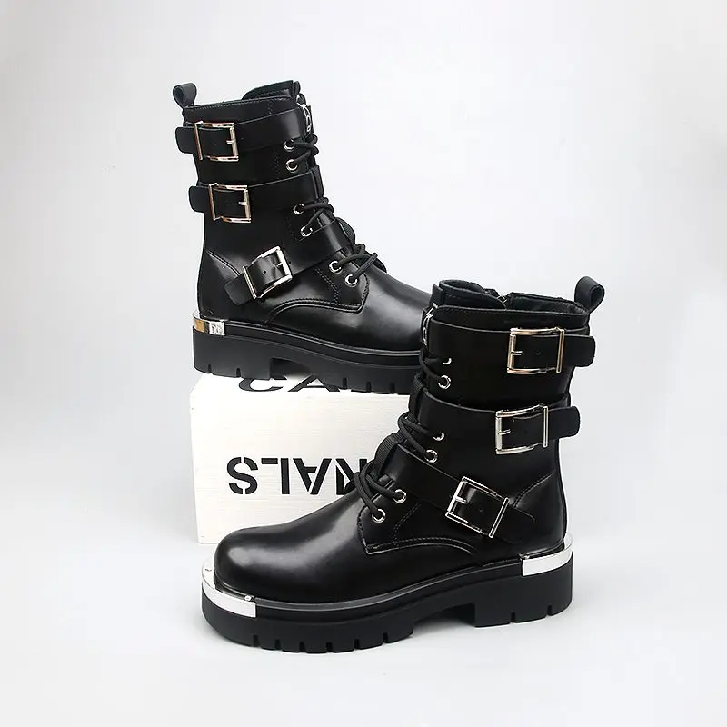 Punk Black Locomotive Trend 2025 Spring High Top Metal Cowboy Height Medium Leather Motorcycle Boots