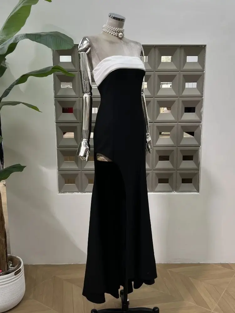 Vestidos de mujer Sexy elegante moda ceñido al cuerpo franjas de diferente Color sin tirantes sin espalda recortado Fiesta Club vestido de noche vestido largo nuevo