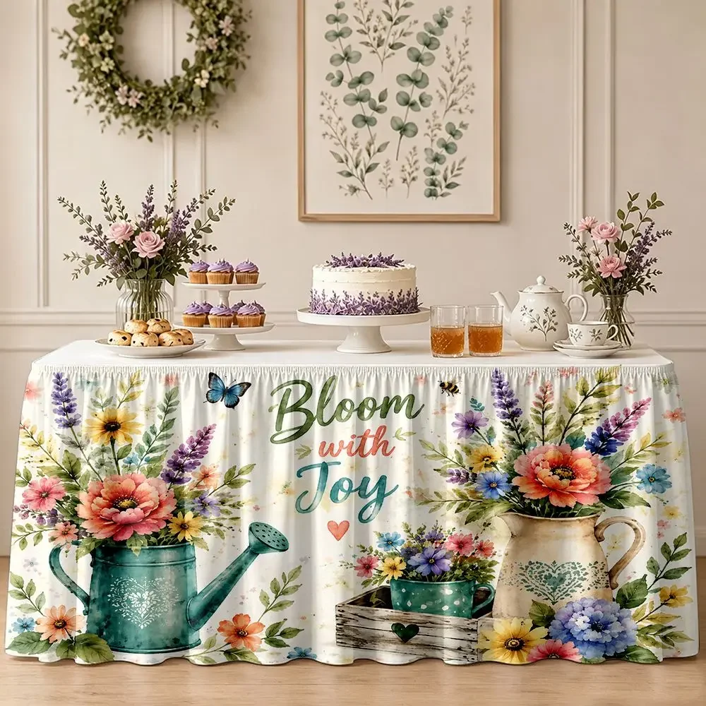 One-piece party table skirt decoration featuring blooming joyful floral garden pattern and ruffled table border