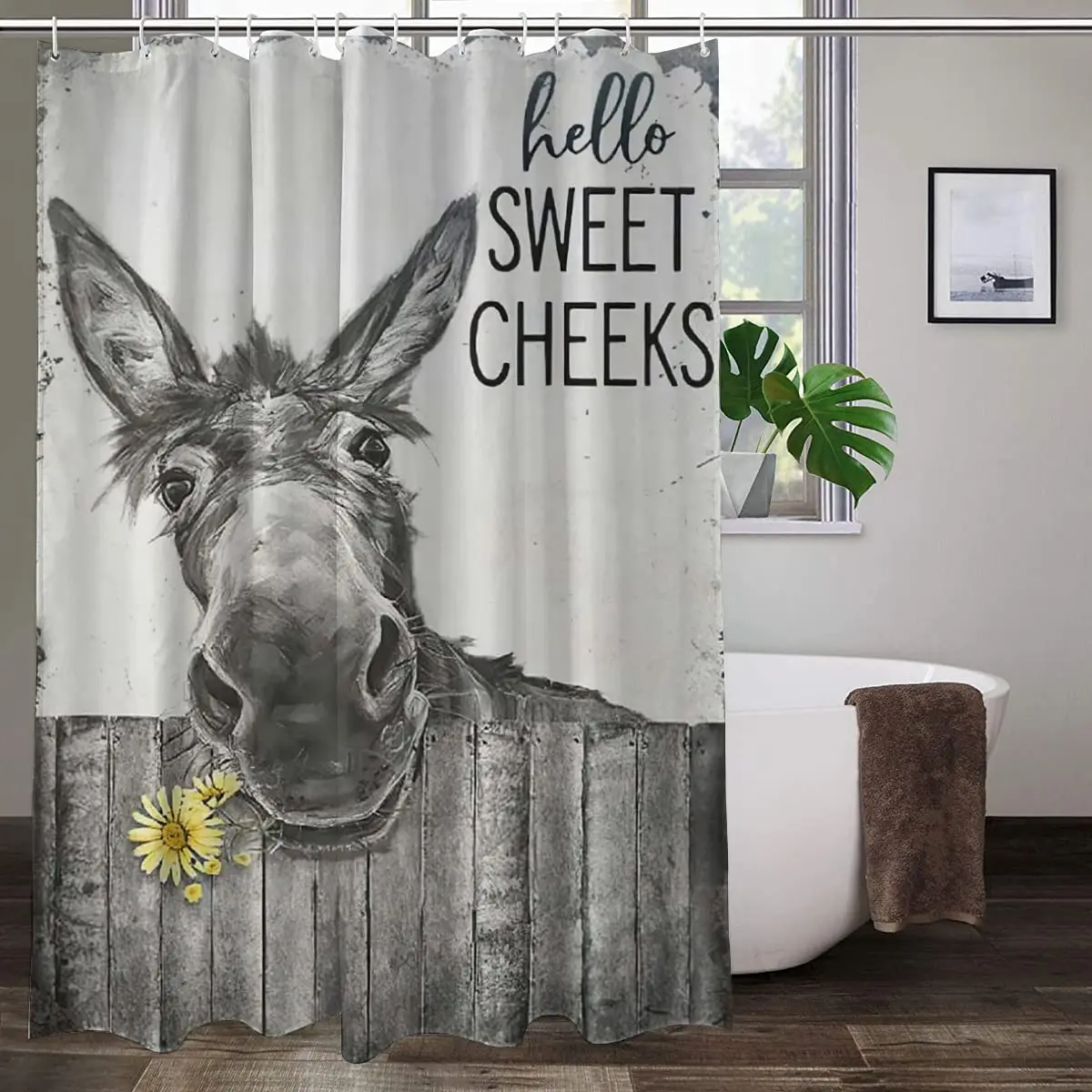 Donkey ผ้าม่าน Rustic Floral Farmhouse ผ้าม่านห้องน้ําสีดําและสีขาวน่ารักสัตว์โมเดิร์นกันน้ําชุดตะขอ