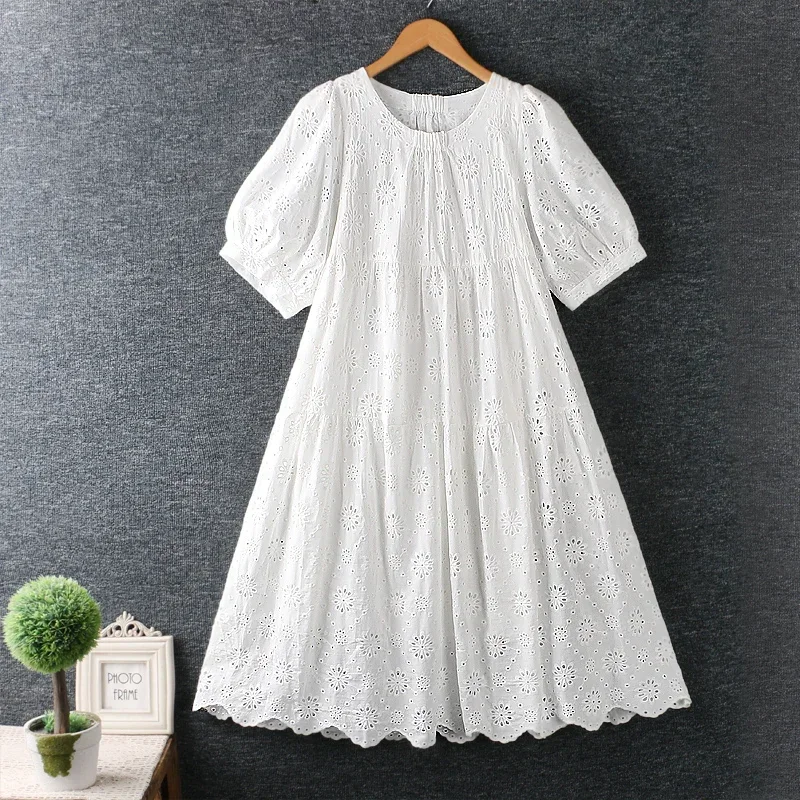 Summer New Japanese Sweet Mori Girl Sunflower Embroidery Hollow Out Dress Women O-Neck Short Sleeve Casual Loose Cotton Dress