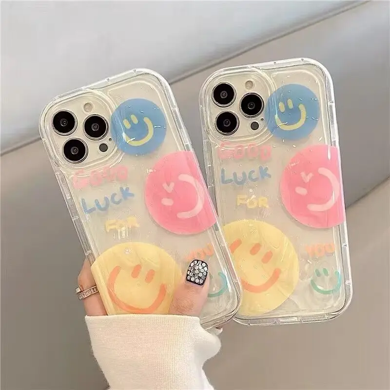 Tri color Smiley Face Pattern For iPhone 15 11 13 14 12Pro Max XS XR 7 8 Plus Protective Cover Transparent Shockproof Phone Case