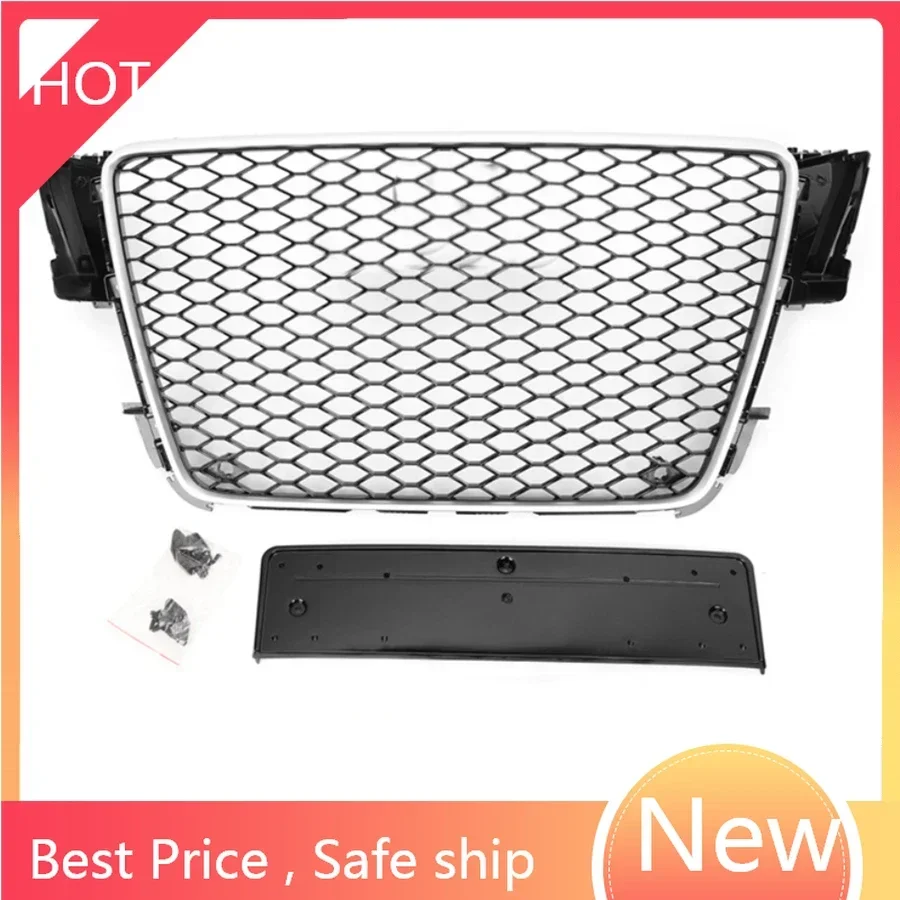 For RS5 Style Front Sport Hex Mesh Honeycomb Hood Grill Silver Frame Gloss Black Grill for Audi A5/S5 B8 2008 2009 2010 2011 fas