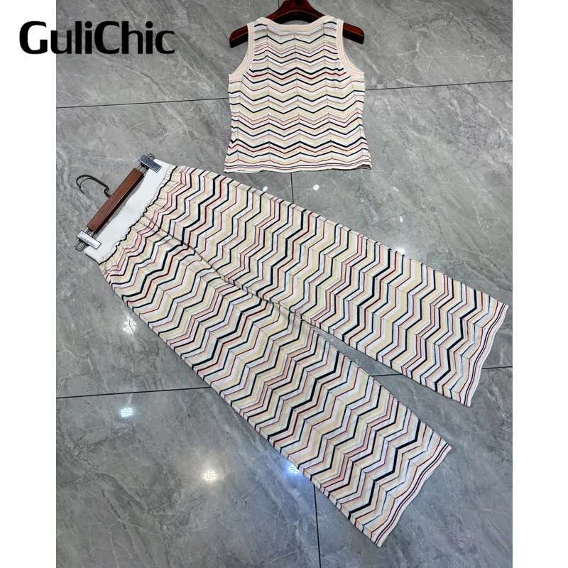 7.12 GuliChic Shiny Metallic Bright Silk Multicolor Zigzag Striped Slim Tank Top And Straight Pants Knit Set For Women