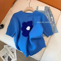 Female Casual Korean Jacquard O-neck Short Sleeve Pullovers Spring 2025 New Sweet Simplicity Knitting Sweater Top Tee Women's