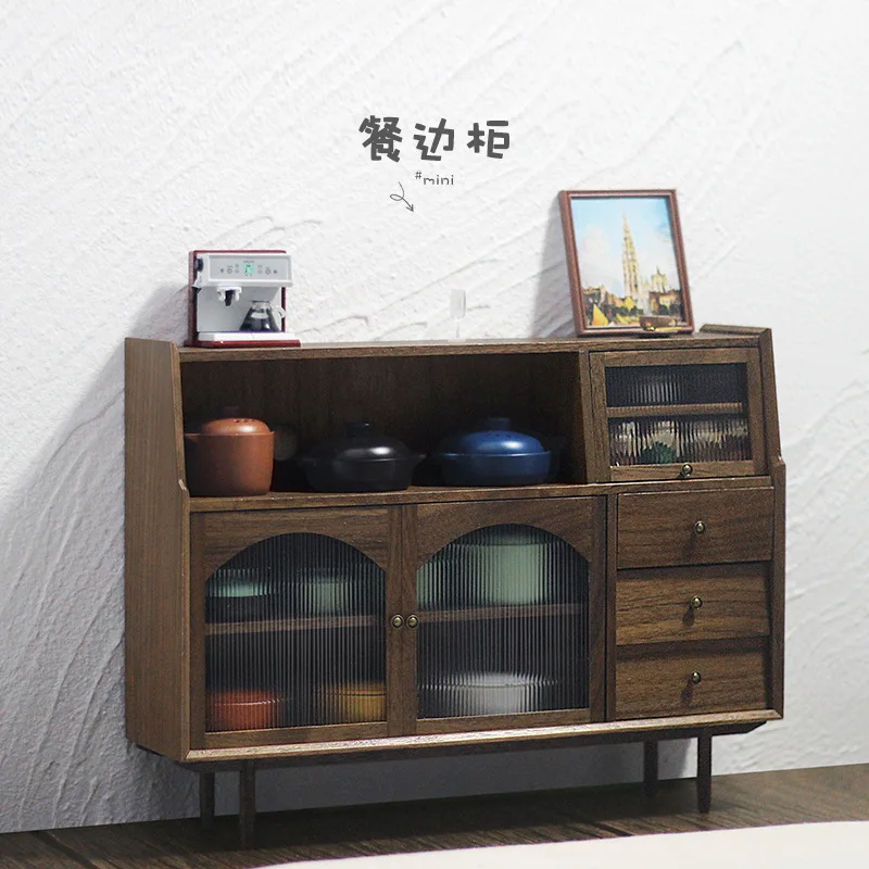 1:12 Doll House Accessories Mini Model Wooden Furniture Retro Wabi-Sabi Style Sideboard Tea Storage Cabinet Photography Props