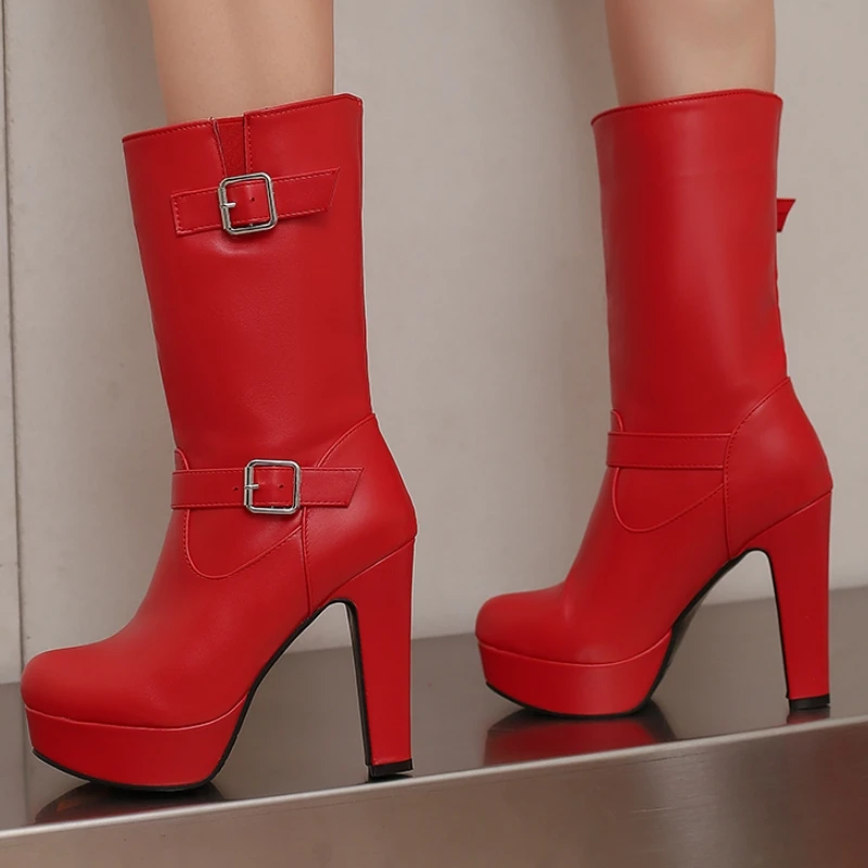 Women's Red Mid-calf Boots Winter Autumn Shoes Buckle Black White Short Boot High Heels Footwear Shoes Ladies Big Size 46 50