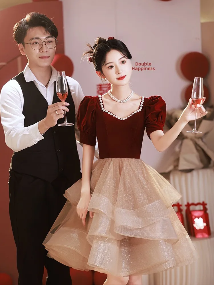 

Wedding Dr Red Velvet ort Evening Gown for Women Korean Sle Princ Skirt ape Par Wedding Performance Date Outfit