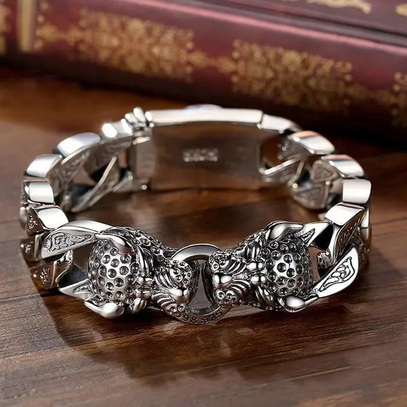 

S925 Silver Leopard Horsetail Woven Double Leopard Head Bracelet Men's Bracelet Retro Dominant Handmade Personality Bracelet