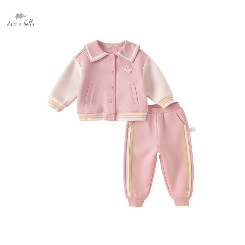 Dave Bella Children's Suit 2024 New Spring Girl's Coat and Pants Two-Piece Knit Casual Fashion Set Sport Outdoor DB1248009