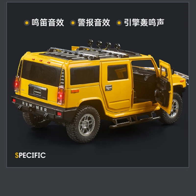 1:18 H2 off-road vehicle Toys Diecast Alloy Models Doors Opened Front Wheel Steering Sound Light Pull Back Children's Day Gifts