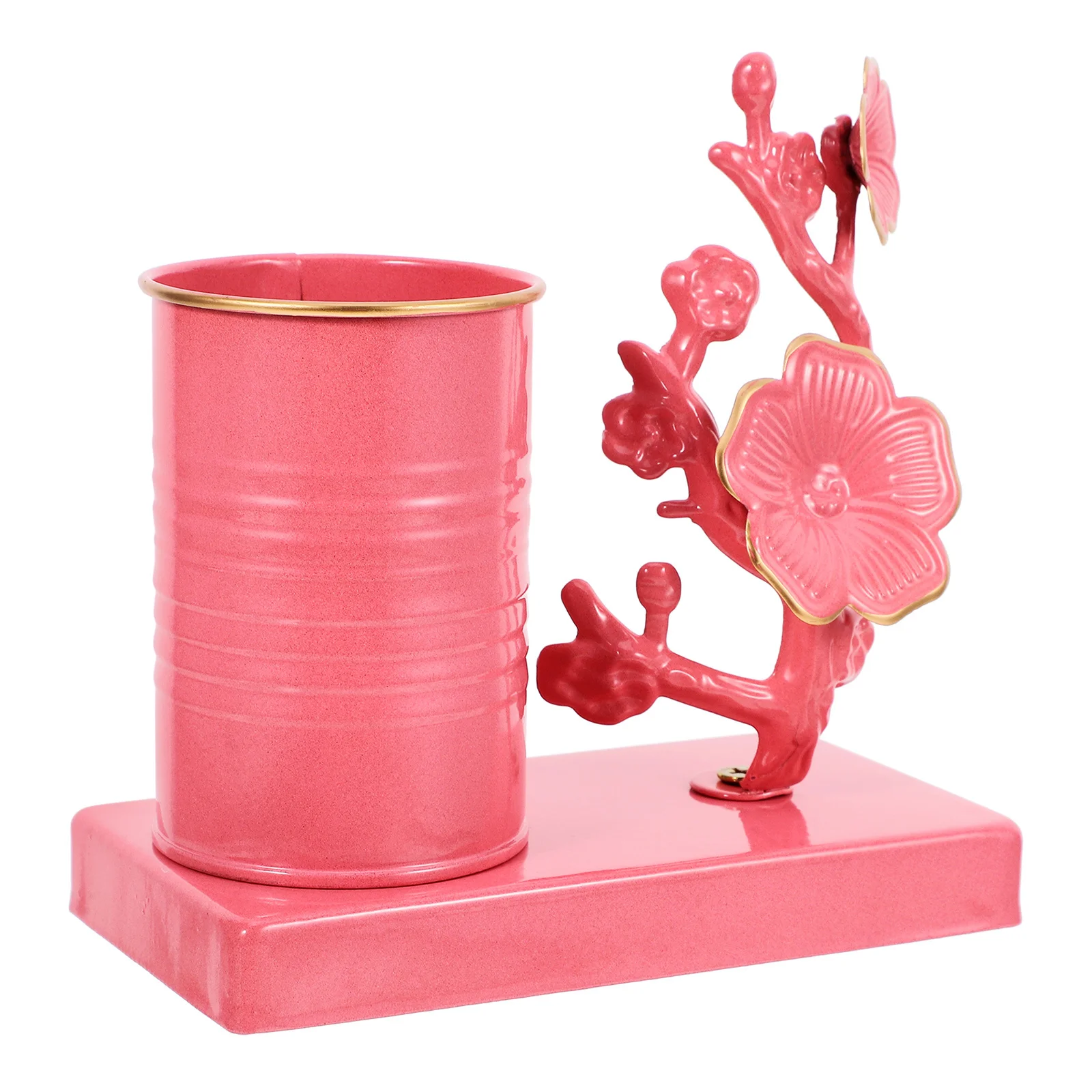 

Vintage Iron Art Plum Blossom Pen Holder 15x15x75cm Desktop Organizer Makeup Brush Stand Metal Container Pink Decorative Office