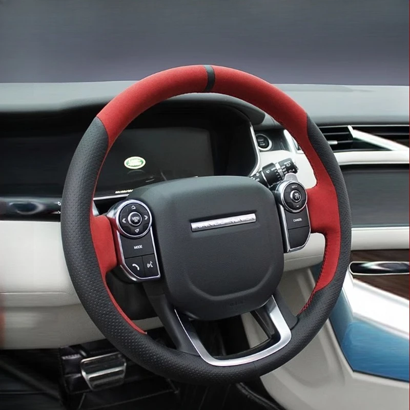 

For Land Rover Range Rover Sport 2014-2017 Hand-Stitched Non-Slip black red Genuine Leather Car Steering Wheel Cover
