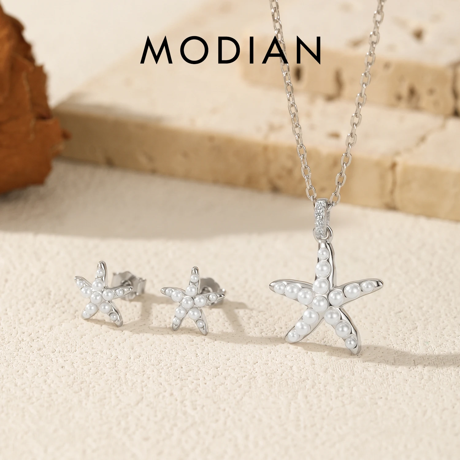 MODIAN Halskette mit Anhänger aus 925er-Sterlingsilber, elegante Perlen, niedliche Seestern-Ohrstecker für Damen, edle Schmucksets