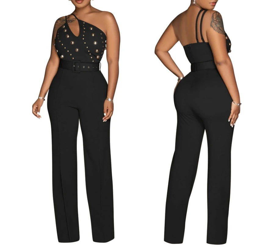 Jumpsuit Woman 2024 High Quality Luxury Nail Bead Decor Solid Color Jumpsuit Slim Fit One Shoulder High Waist Straight Jumpsuit