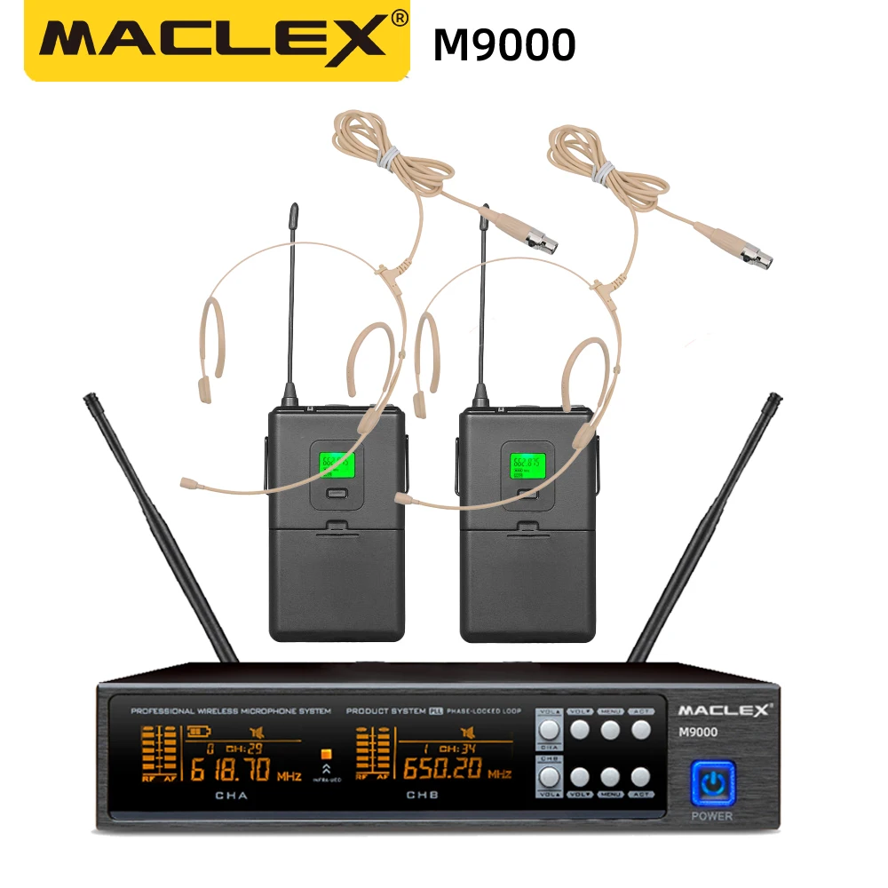 Maclex M9000 UHF bodypack Headset Dual Channel Dual Handheld Microfone profissional sem fio Sistema Stage Performance Dynamic