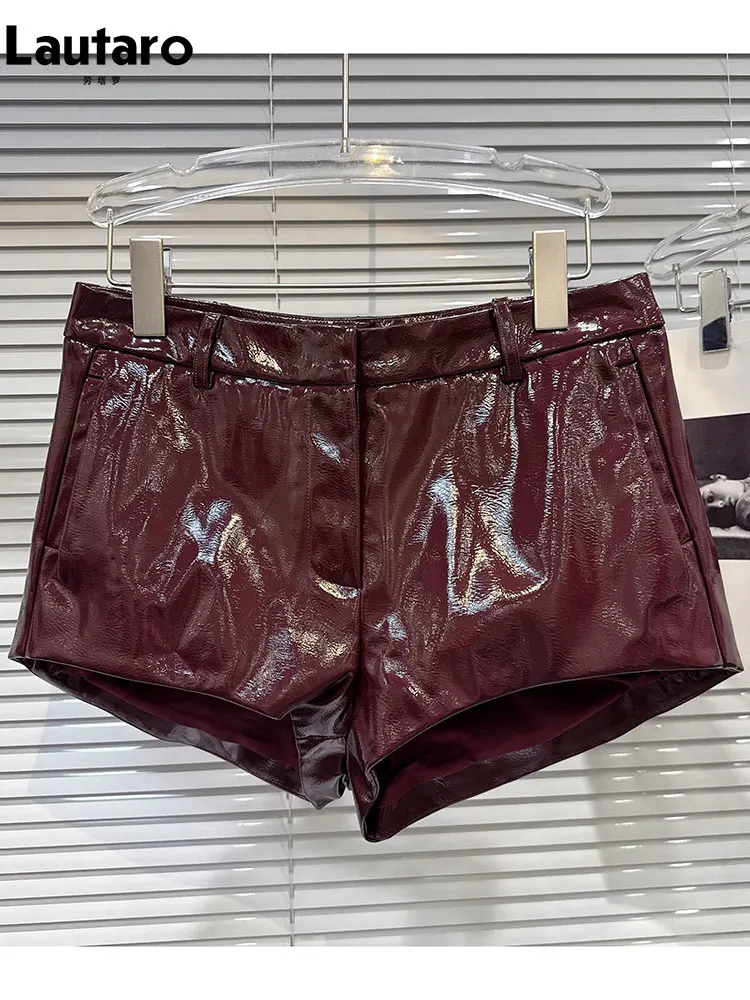 

Lautaro Spring Summer Sexy Shiny Soft Black Pu Leather Mini Shorts Women High Waist Punk Style Gyaru Clothing 2026 Y2K Buttoms