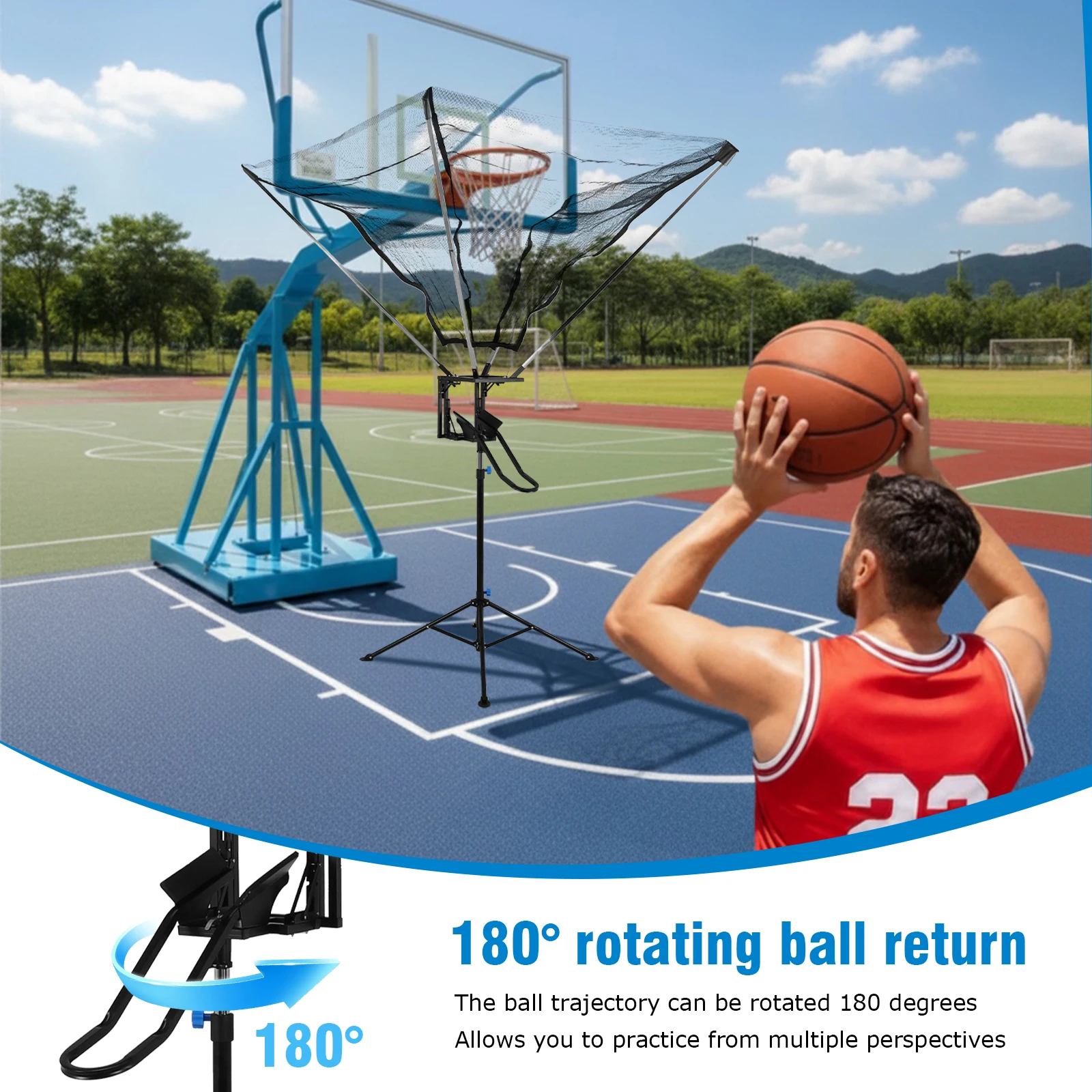 

Баскетбольный тренажер для бросков с углом 180 градусов ° Вращающаяся баскетбольная система для отработки бросков с сеткой и функцией возврата мяча, простая в сборке