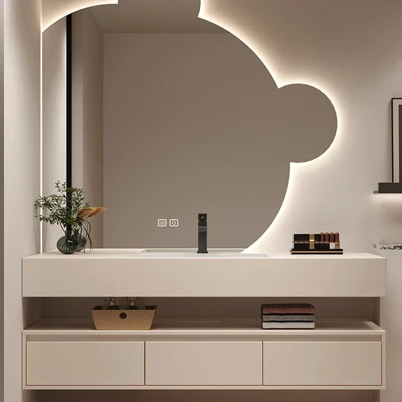 c13-Nordic Cream Style Rock Plate Bathroom Cabinets Wall-mounted Storage Smart Mirror Cabinets with Lamp Furniture Arredo BagnoC