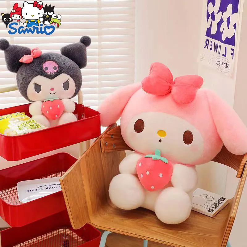 

25cm Kawaii Sanrio Holding Strawberry Plush Doll Toy Pillow Kuromi My Melody Soft Stuffed Room Decoration Cartoon Doll Kids Gift