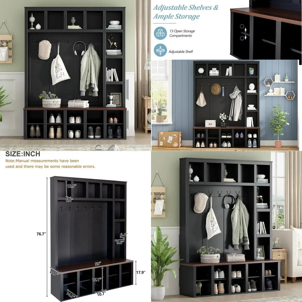 شجرة قاعة خشبية بيضاء 4 في 1 مع مقعد من خشب الجوز، 6 خطافات، أرفف قابلة للتعديل، 13 حجرة لتخزين خزانة الأحذية في المدخل