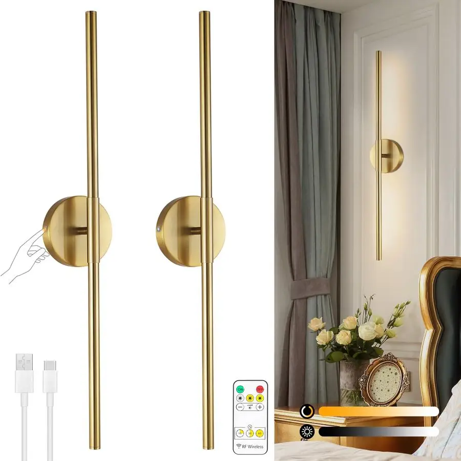 

Battery Operated Wall Sconces with Remote, Gold Rechargeable Led Wall Lights Set of Two, Cordless Dimmable Battery Powered Wall
