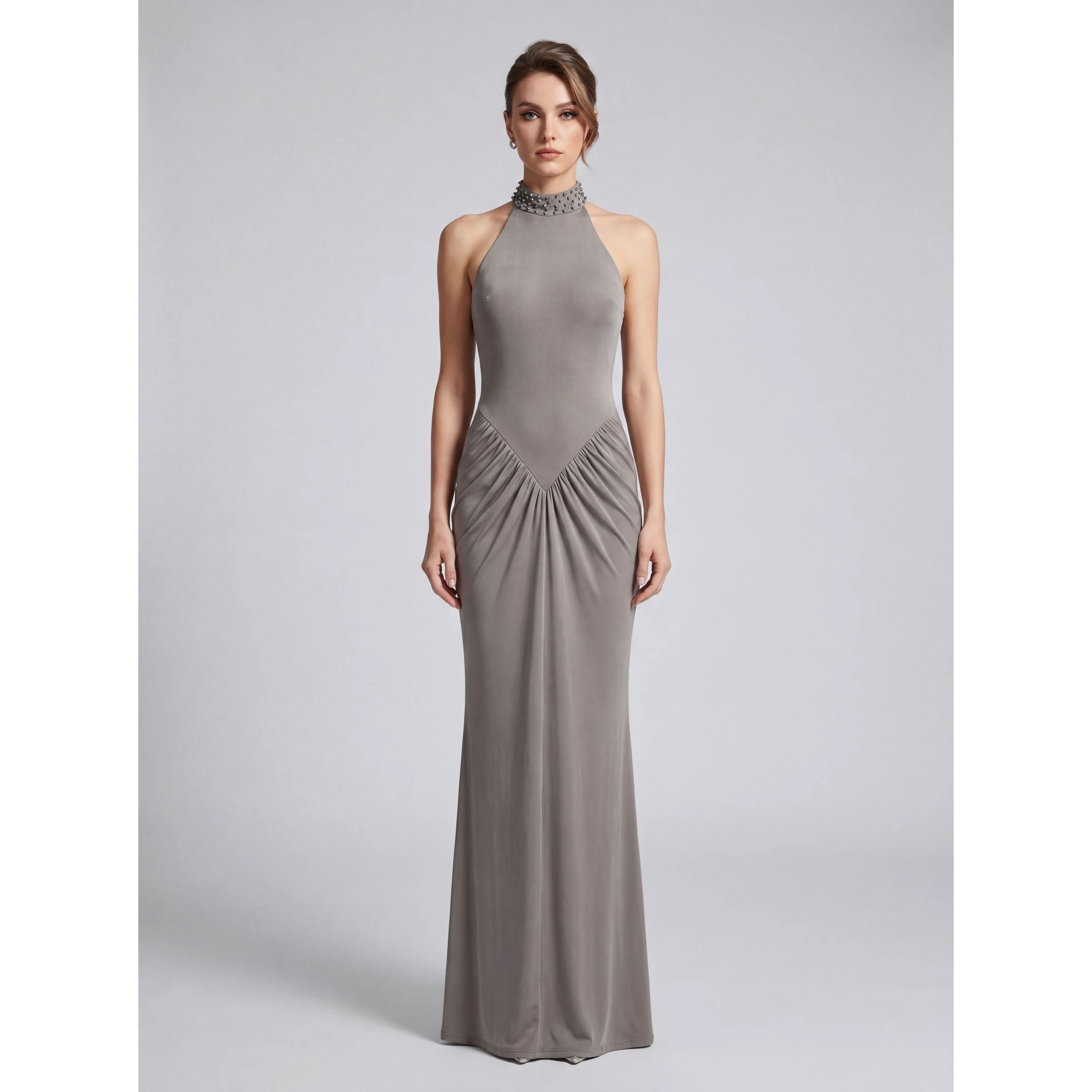 

Gray Sleeveless Neck Hanging Drill Glitter Backless Sweet Comfortable Dress Performance Show Party Evening Gown 2026 New Style