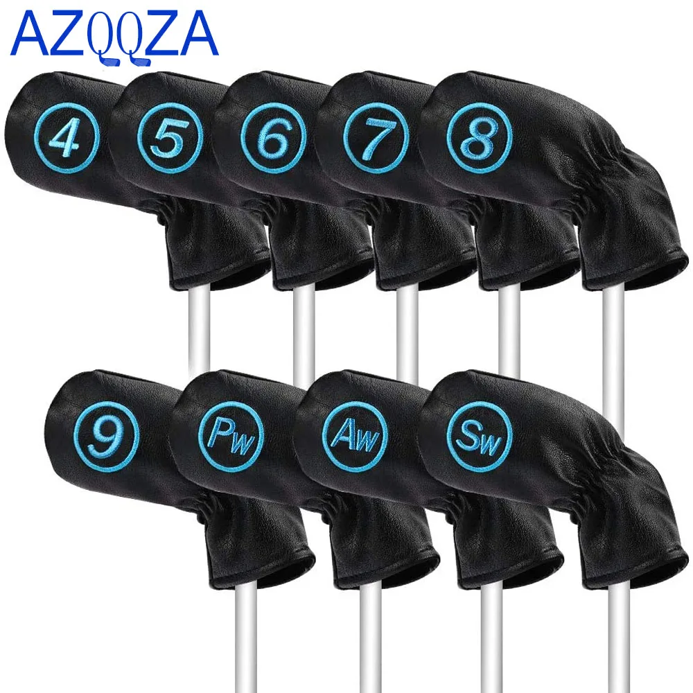 9Pcs/Set Golf Club Iron Headcover Head Covers Protector Set Black with Blue Number Embroidered