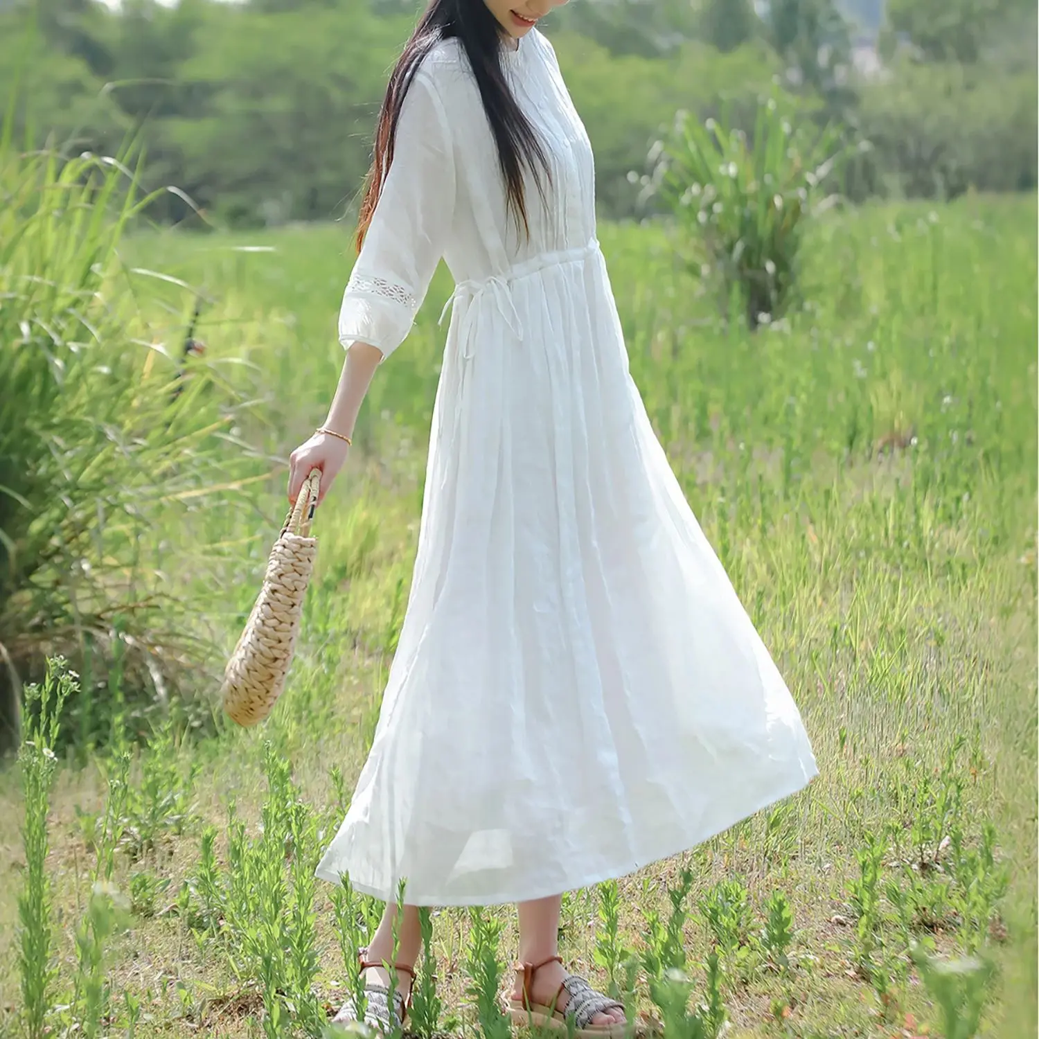 LZJN Vestido de verão ramie de duas camadas com renda bordada e cordão emagrecedor, estilo literário e doce, vestido longo branco