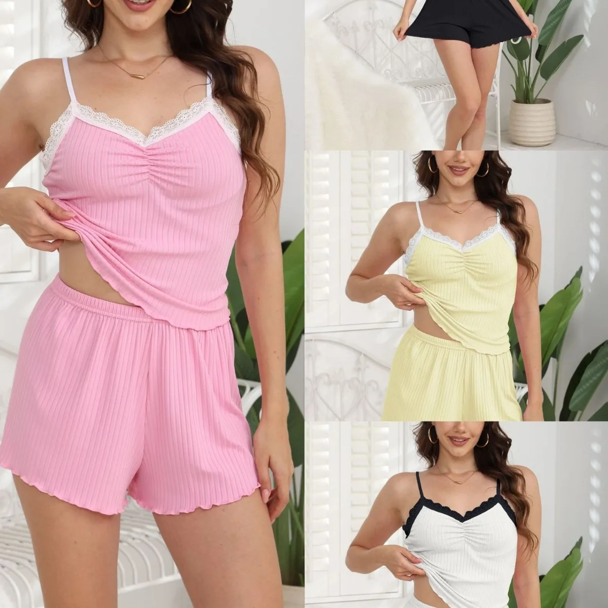 2026 Sexy Lace Trim V-neck Strap Home Clothes Sleepwear Two-piece Set Women's Sexy Casual Home Summer Pajama