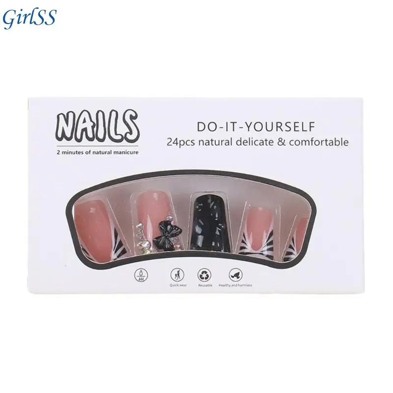 アヒルネイルチップ フェイクネイルグルーオンネイルスティックオンネイル ラインストーン付き プレスオンネイル 人工付け爪 レディース T4MB