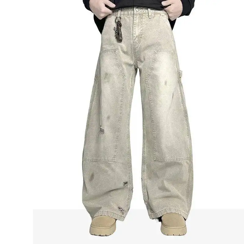 American Style Washed Scimitar Ripped Jeans Autumn Winter New Men's Fashionable Versatile Straight Leg Pants 2SV0O