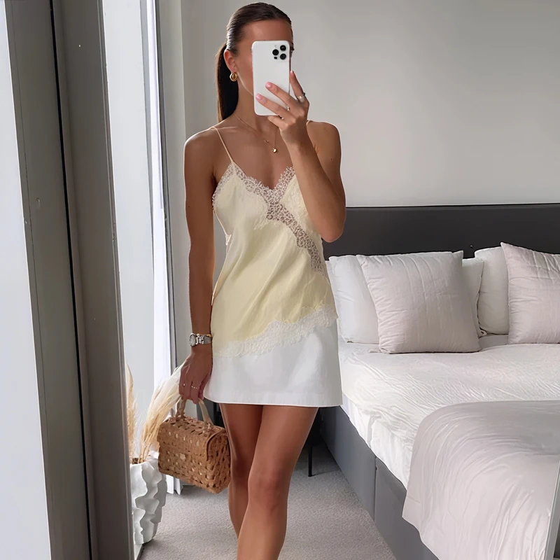 非対称レーストップ女性のコルセットノースリーブタンク & キャミソール夏のストリートスタイルキャミソールイエローブラックセクシーでエレガントなスリップドレス