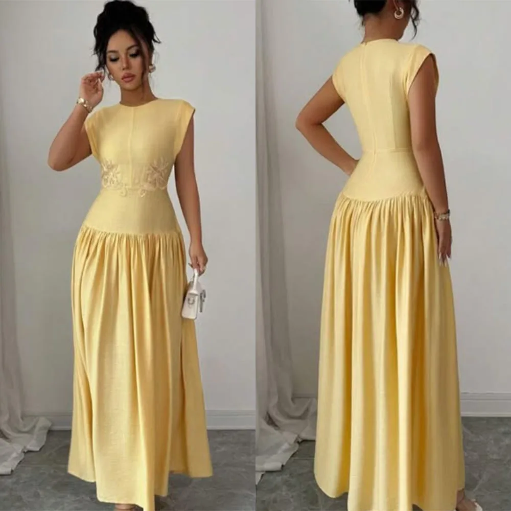 

High Quality Customized O-neck Ankle Length Sleeveless Wrinkle Yellow Zipper Up Elegant Dress Women for Wedding Party Robe