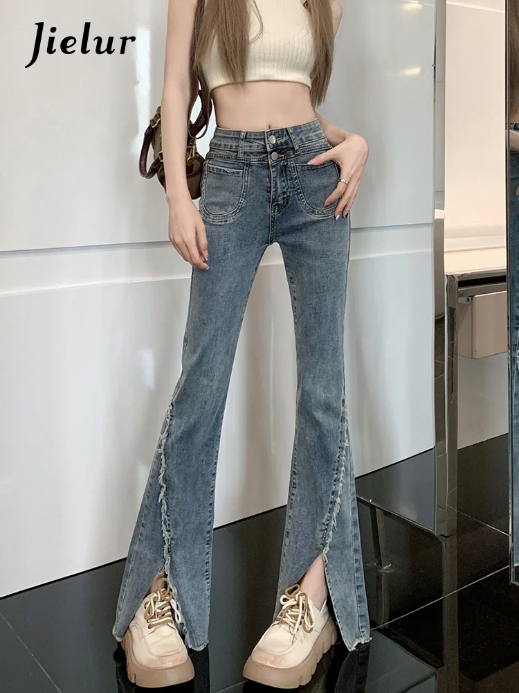 Jielur Slim Stretch Denim Jeans Women Summer Fashion Split Women's Long Pants Blue High Waist Light Distressed Women's Pants