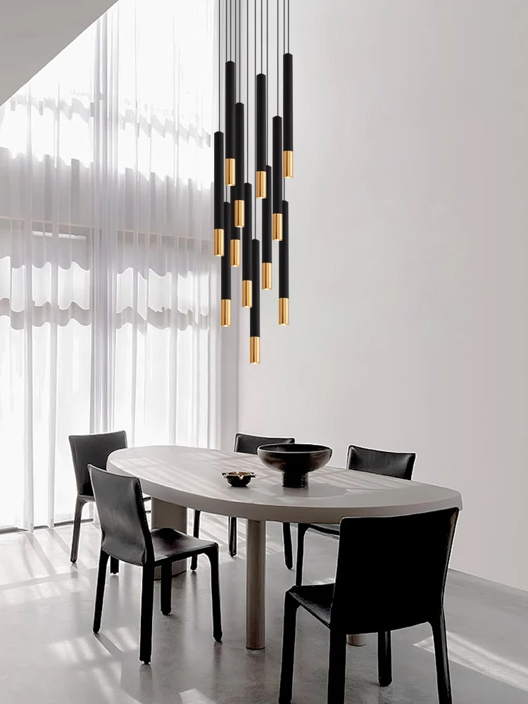 Black And Gold Cylinder Chandelier Designer Villa Chandelier Scandinavian Mixed Modern Light Slender LED Staircase Chandelier