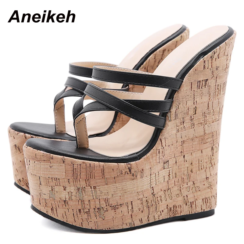 Aneikeh 2025 Summer Wedges Platform High Heel Fashion Slip On Rome Narrow Band Party Shoes  Sexy Slippers Women Femmes Chaussure