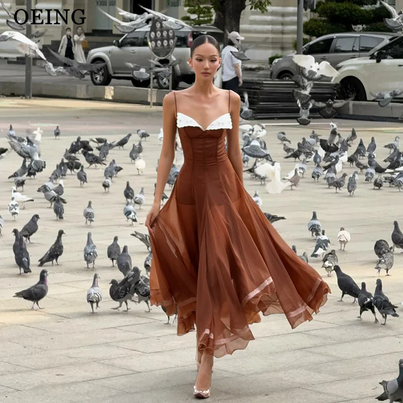 

OEING Flowy A-Line Prom Dresses Brown Spaghetti Strap Ruched Ankle Length Birthday Party Dresses Cocktail Dresses Customized