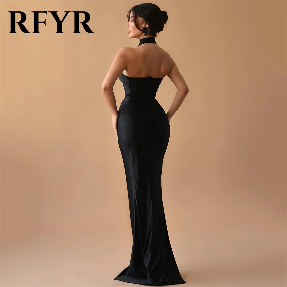 RFYR Sexy Black Prom Dress Long Mermaid Evening Dresses Sexy Halter Neck Satin High Side Slit Party Dresses Gowns Customized