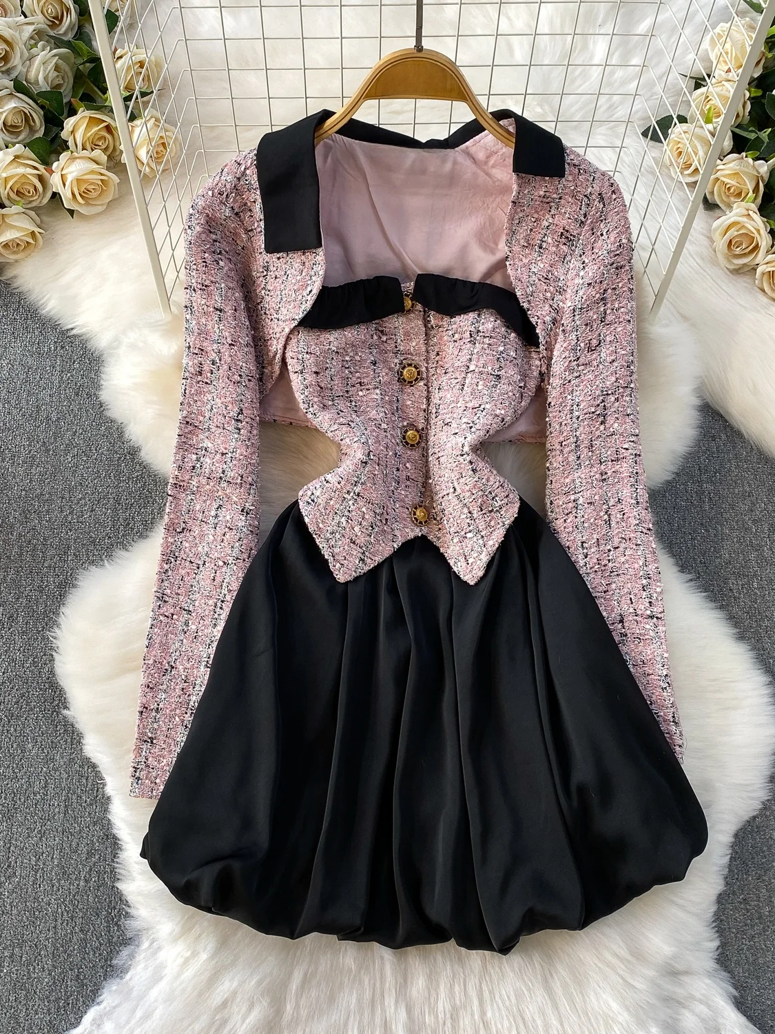 

Ele ort Твидовое платье из твида и платья с цветочным принтом, роскошный женский костюм из двух предметов с металлическим синим слоем Dr Faionable