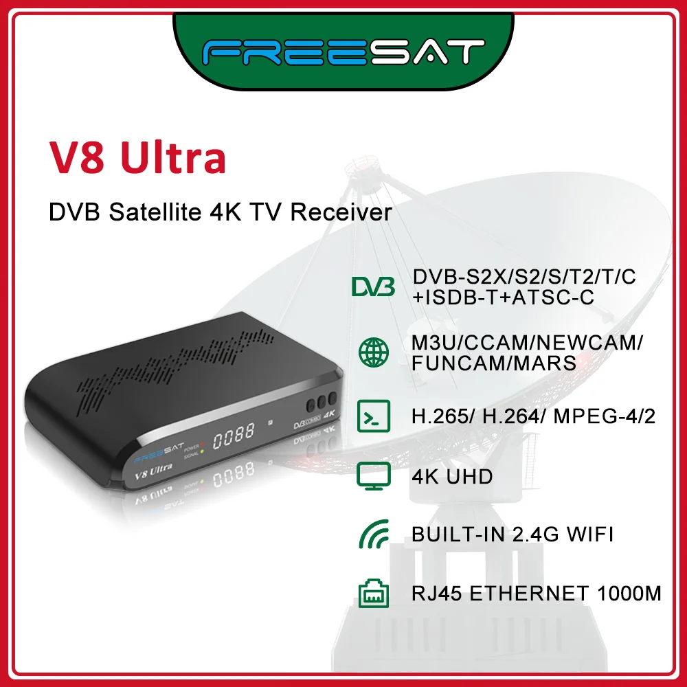 جهاز استقبال قمر صناعي فائق FREESAT V8 4K UHD TV فك DVB-S2X/S2/S/T2/T/C H.265 Wifi 1000M LAN USB يدعم CCAM M3U MARS FUNCAM
