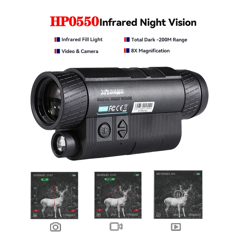 Infrared Night Vision Camera Scope, Digital Hunting Monocular, Image Video Recording, 5-40X Magnification, HD, Outdoor Patrol