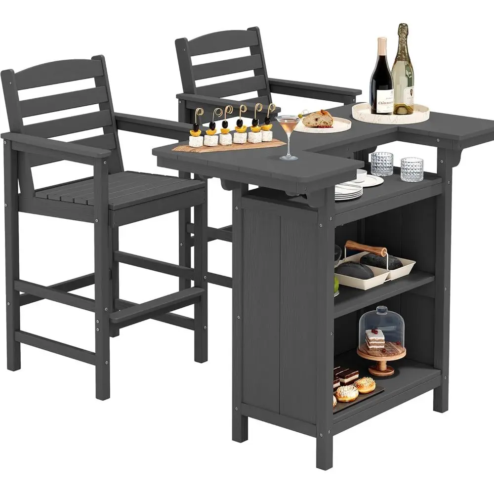 

Grey HDPE Outdoor Bar Table Set with 2 Chairs and 4-Tier Storage for Patio, Poolside, and Backyard