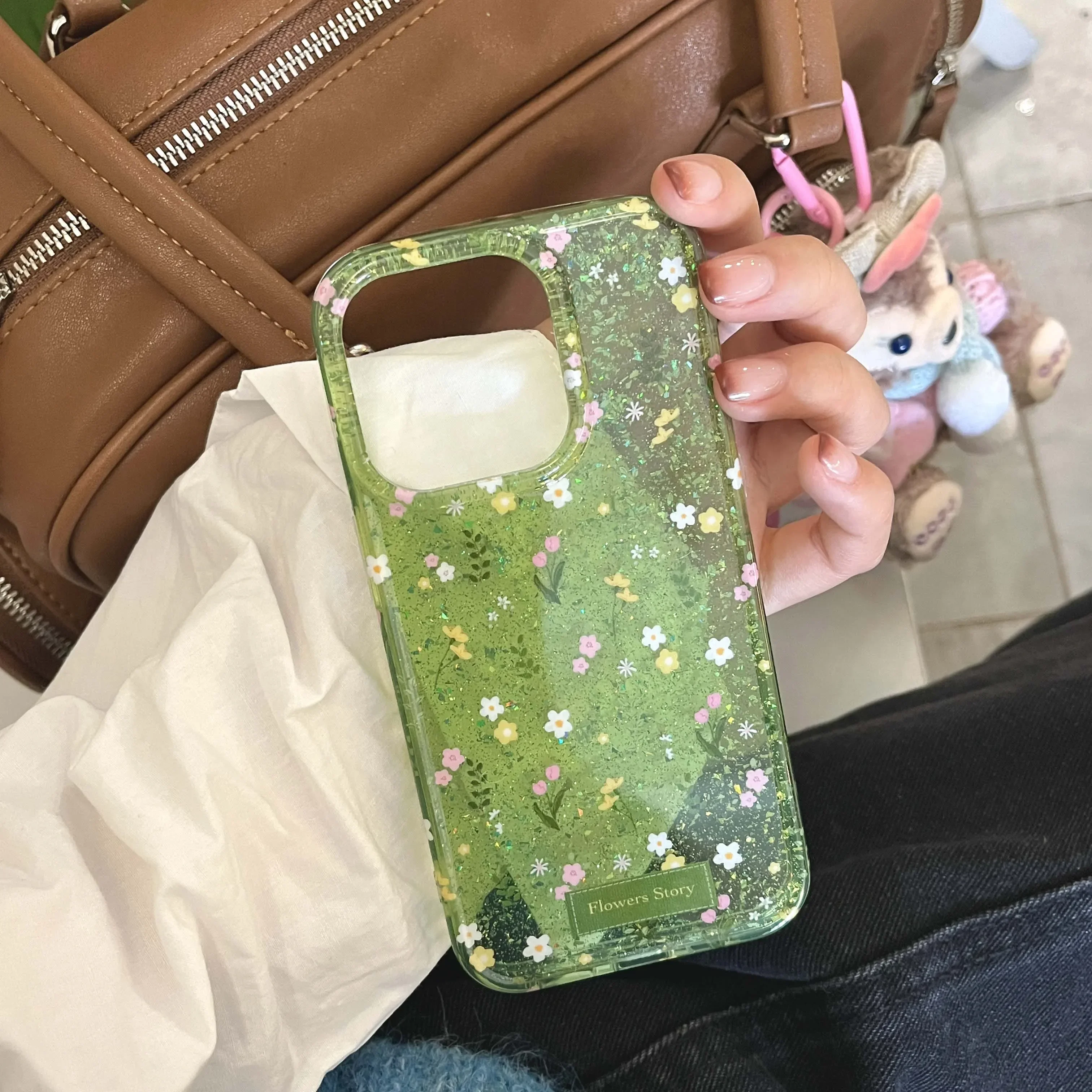 Luxurious green floral sequin case suitable for iPhone 11 12 13 14 15 16 Pro Max cartoon phone case protective cover view 5