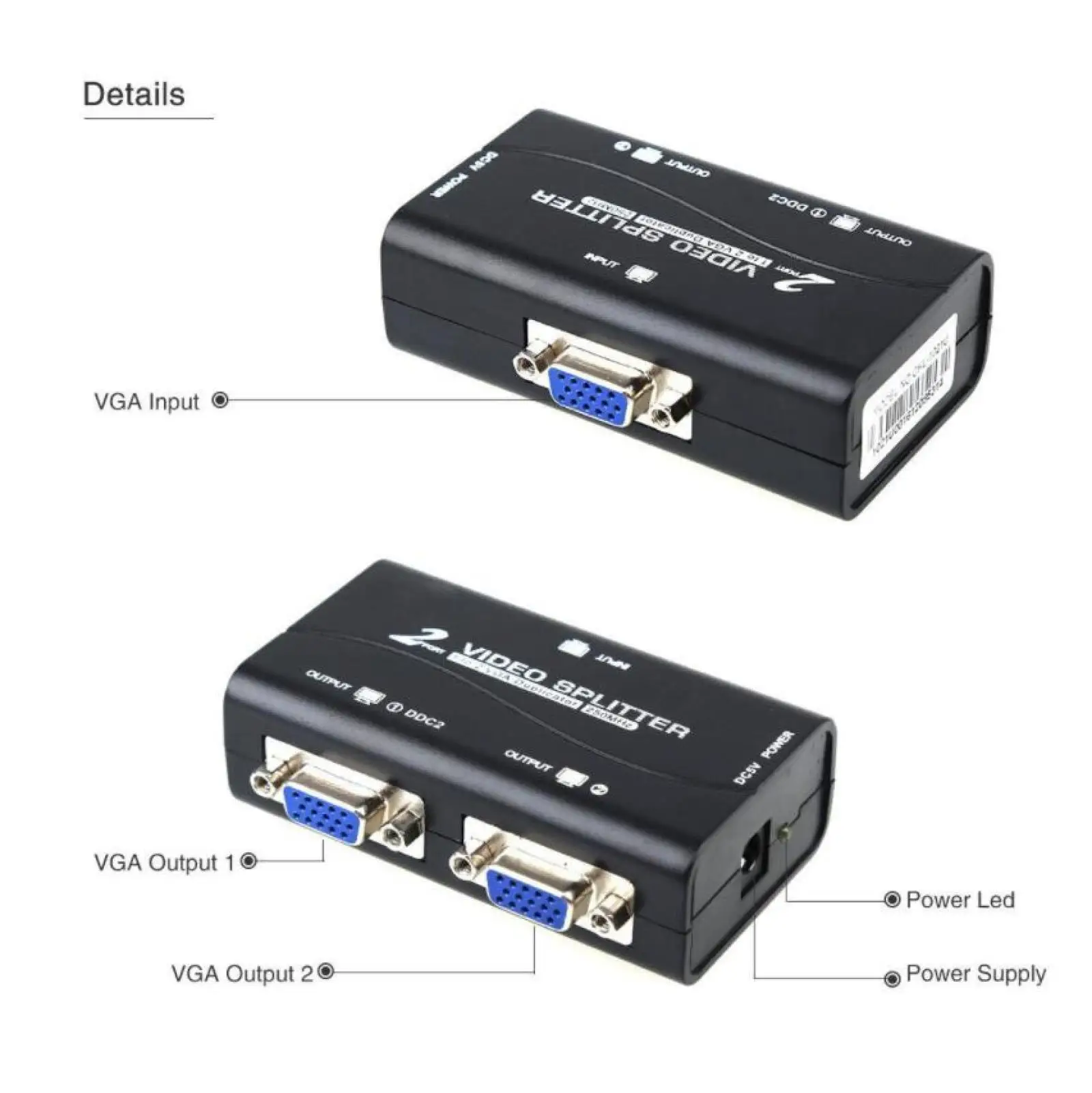 2 Ports VGA Splitter 1 to 2 1 Pc to 2 Monitor VGA SVGA Video LCD Screen Splitter Box Adapter With Power Cable 250MHz 1920 x 1440