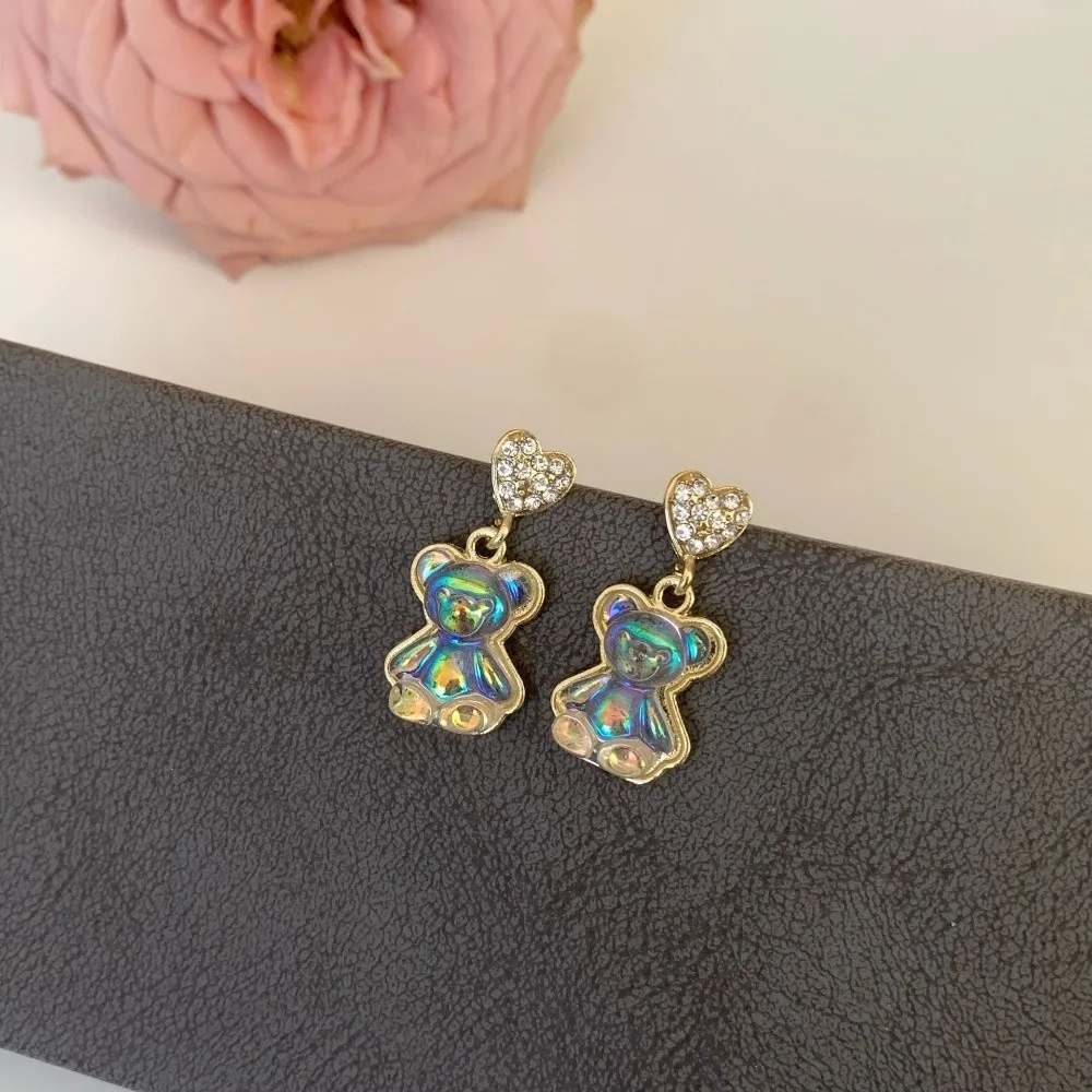 Sweet Little Bear Earrings Light Luxury Elegant Heart Shaped Stud Earrings Zircon Shiny Korean Style Earrings Daily Wear