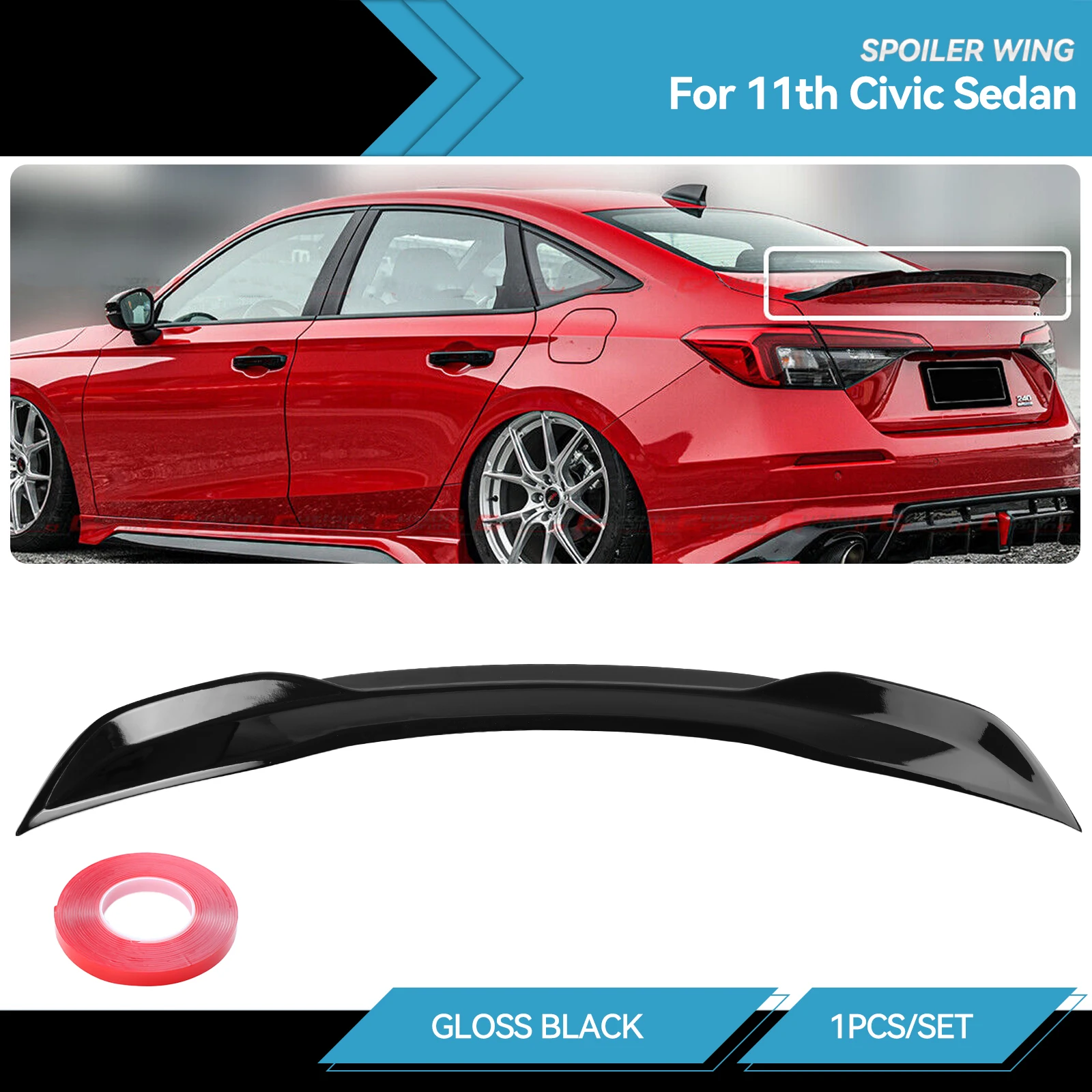 

For 2022-2025 Honda Civic Seden 4Dr V-Style Glossy Black Trunk Lid Spoiler Wing