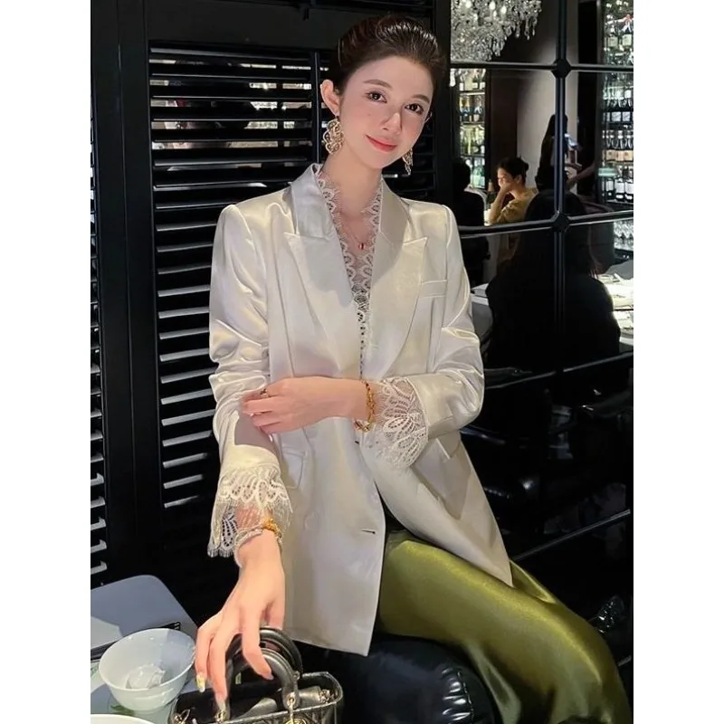 2026 ربيع جديد وصول تصميم الدانتيل الربط الشيفون السترة للنساء فضفاضة تناسب الأبيض المرأة السترة أعلى مزدوجة الصدر سترة #2