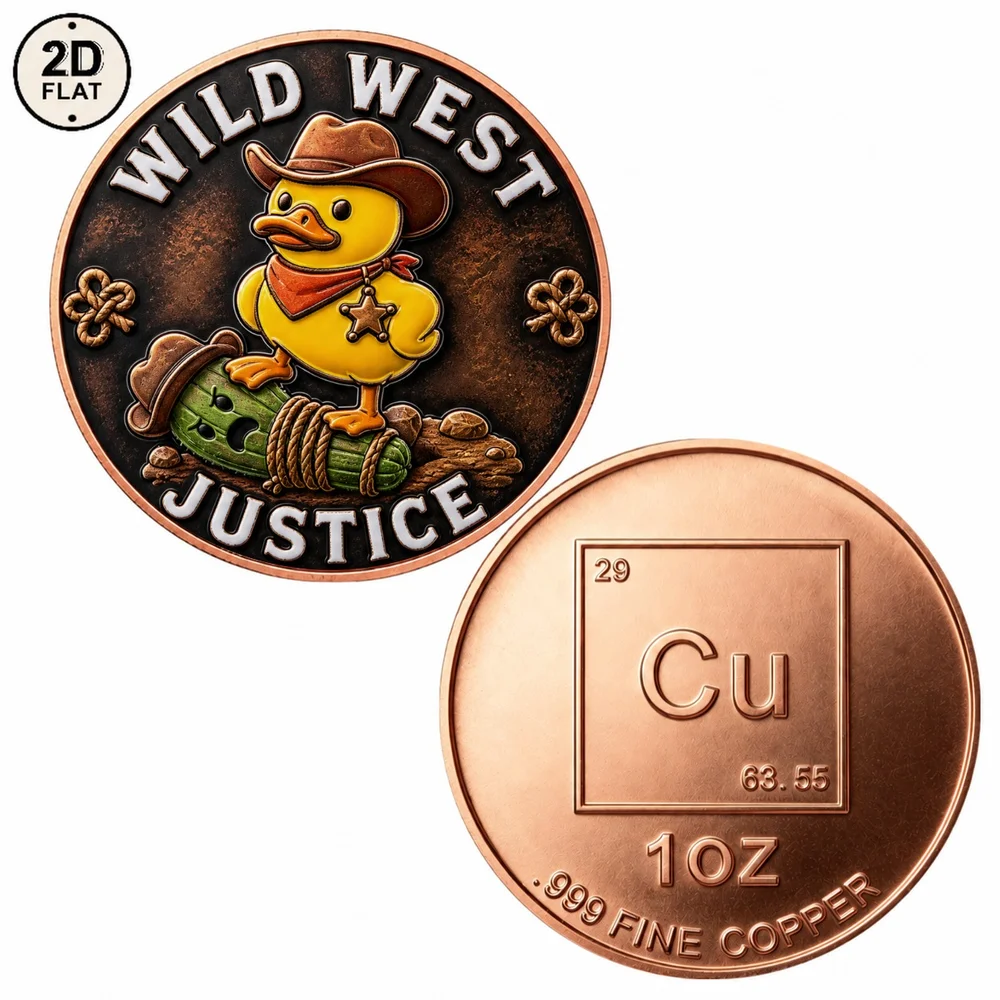 1pc 1oz Fine Copper Wild West Justice Rubber Duck Challenge Coin 2D Print Cowboy Sheriff Duck Collectible Medal Funny Art Gift