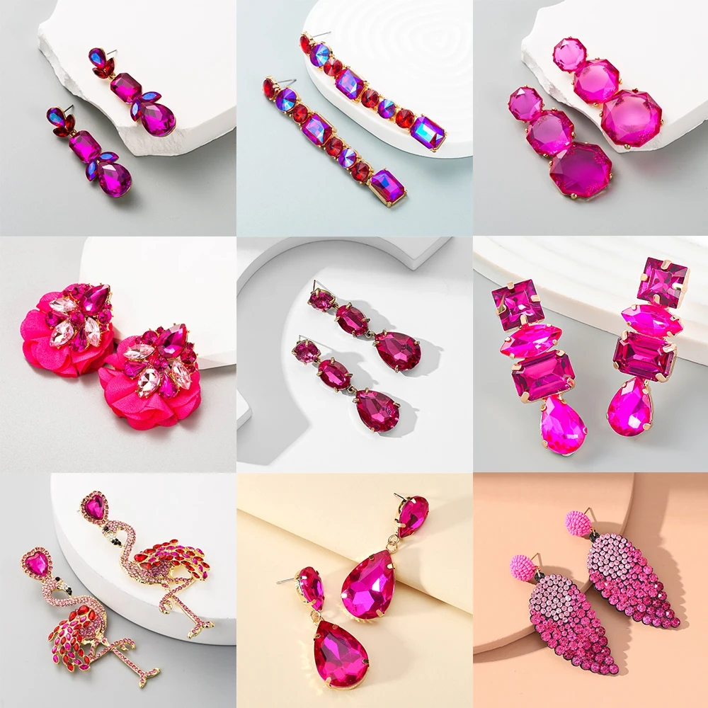 Fuchsia Statement Luxury Earrings for Women Wedding Party White Crystal Zircon Earrings Wedding Banquet Jewelry